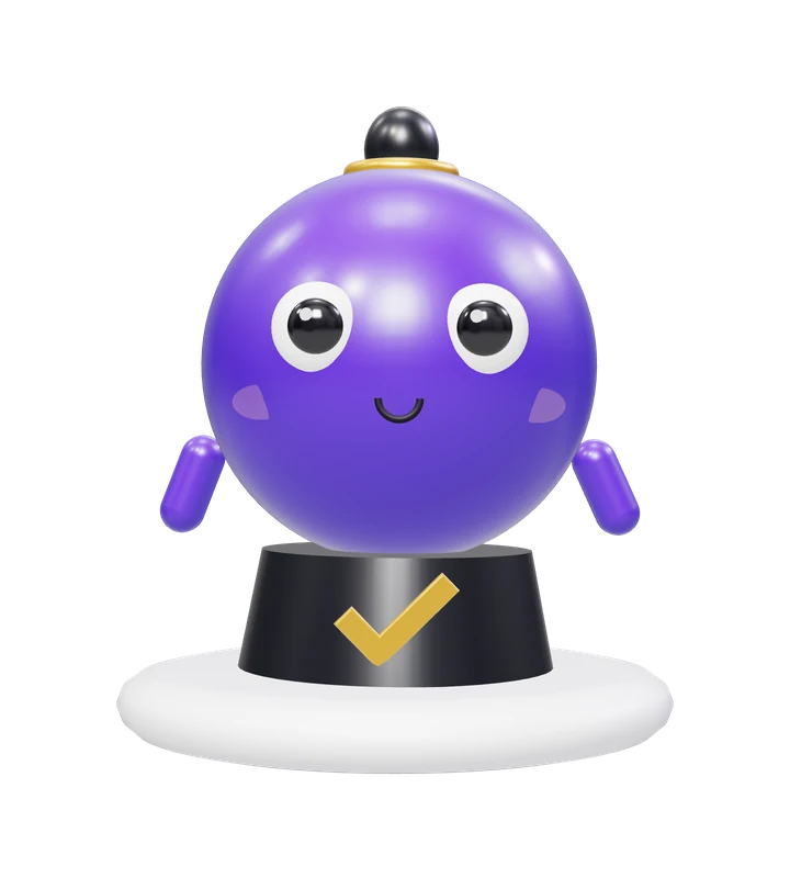 Chop, the Doctor Check seal mascot: a violet round-headed rubber seal with a check mark